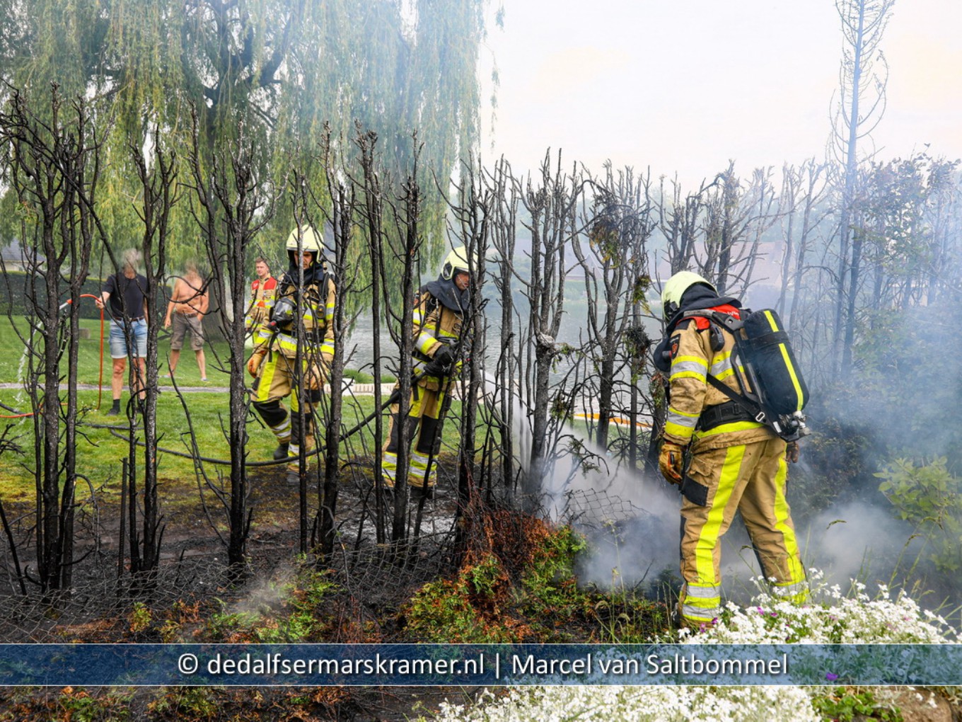 Coniferen in brand met kans op overslag naar bijgebouw