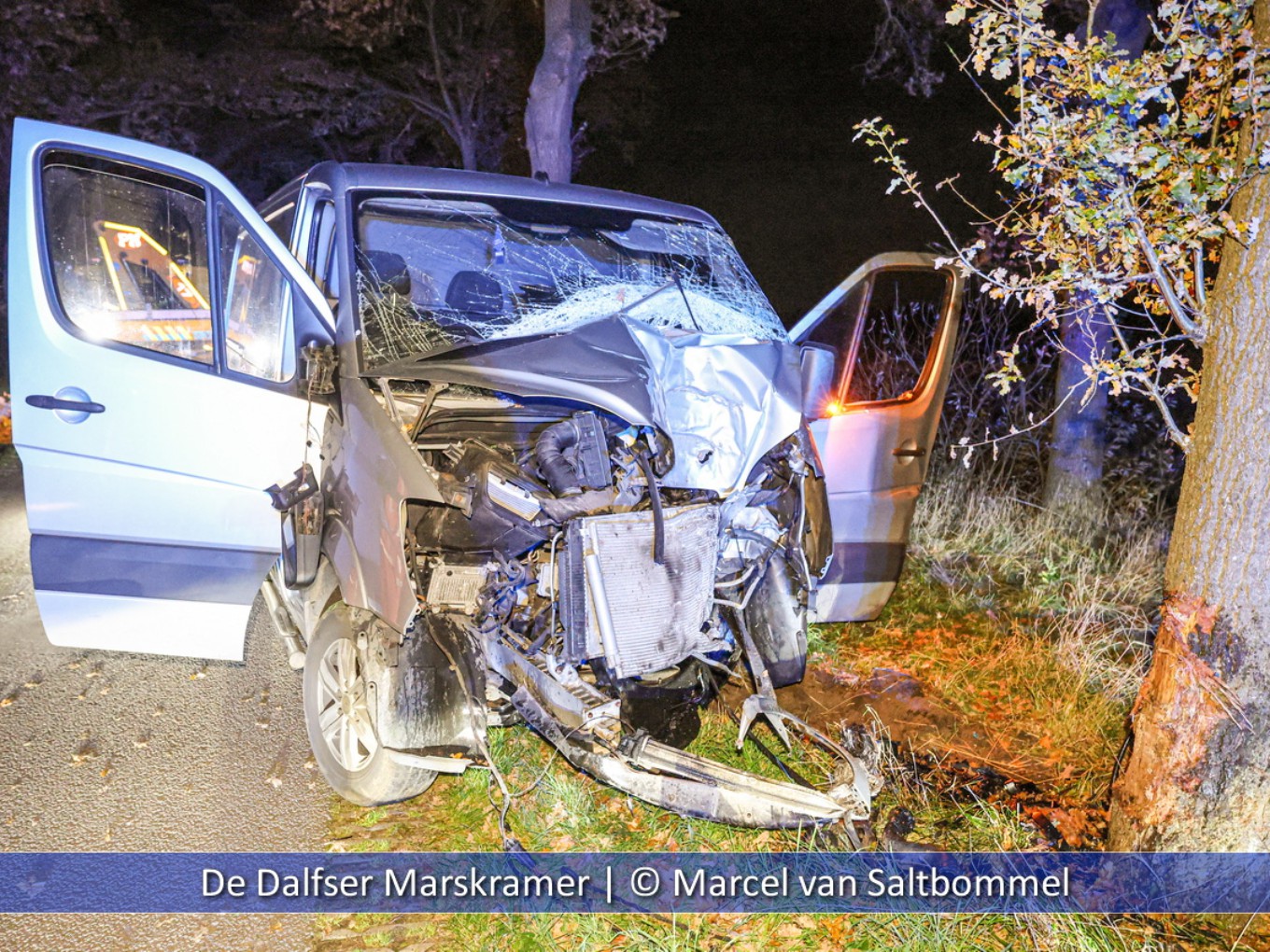 Bestelbus rijdt frontaal tegen boom